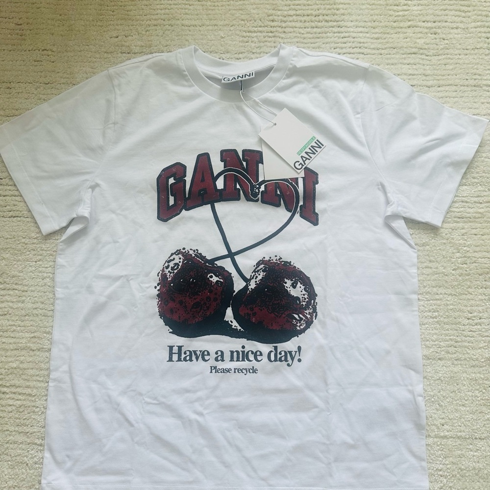 Ganni White T-Shirt with Cherry Graphic